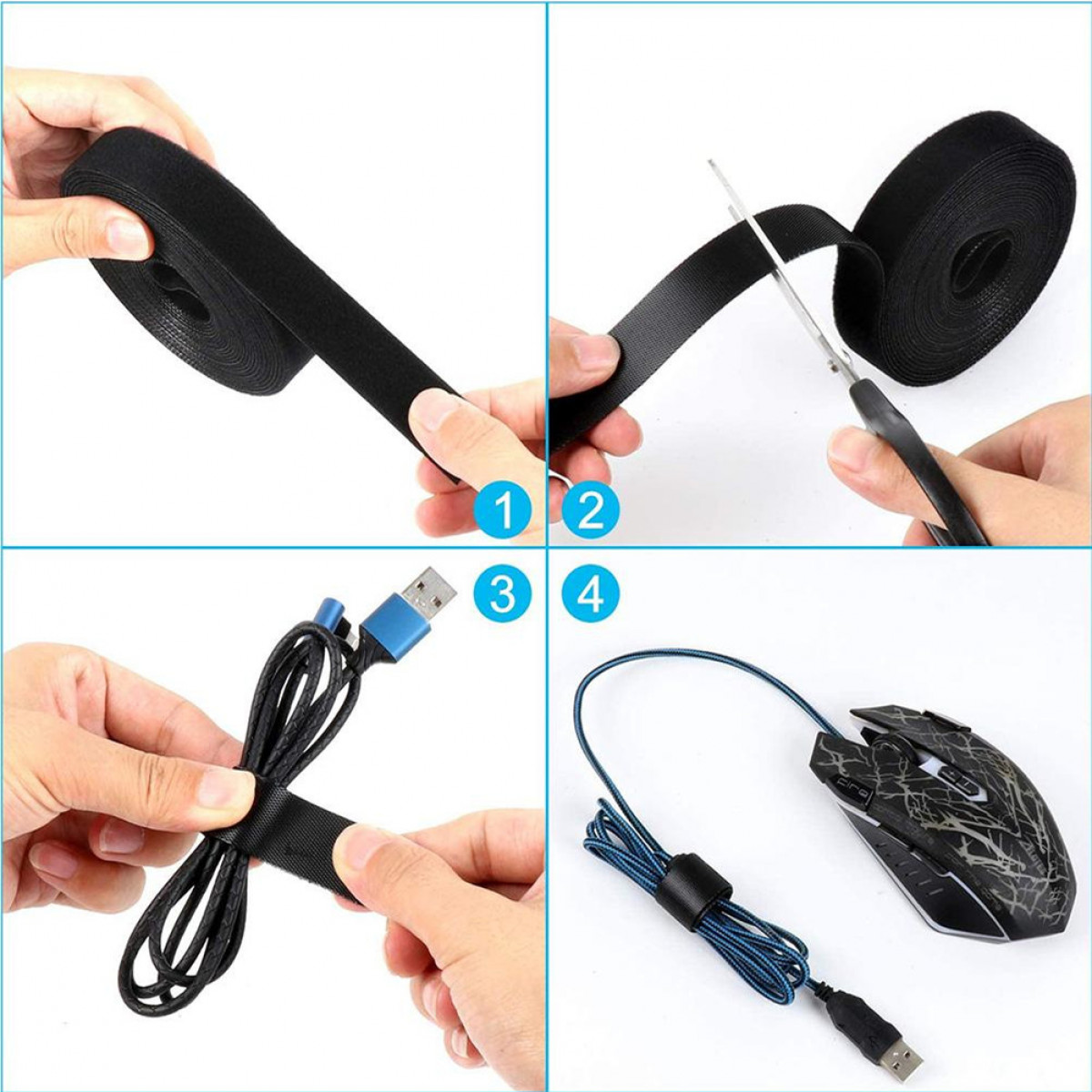 Obraz pokazuje kroki wiązania kabla za pomocą paska na rzep. Cięcie, owijanie i zabezpieczanie.