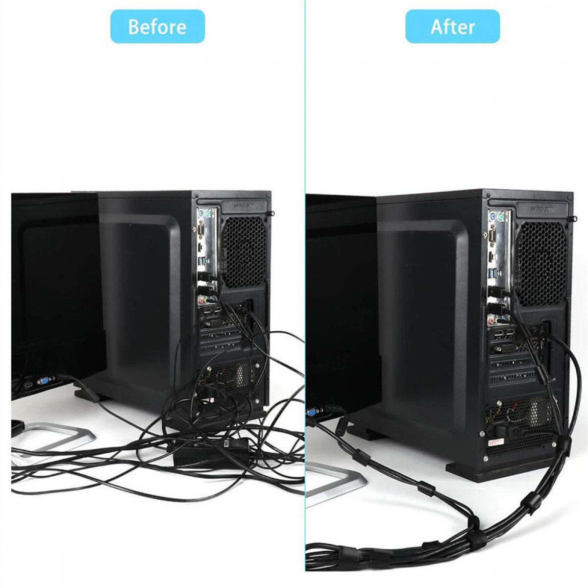 Przed i po kablach PC. Przed: poplątane. Po: uporządkowane paskami. Tekst: Przed, Po.