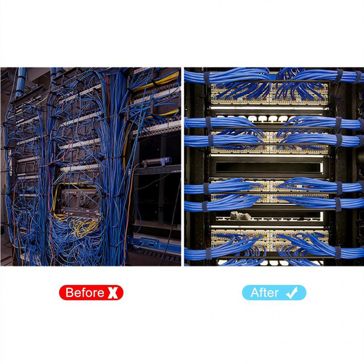 Przed i po kablach sieciowych. Lewa strona jest splątana, prawa jest uporządkowana i związana.