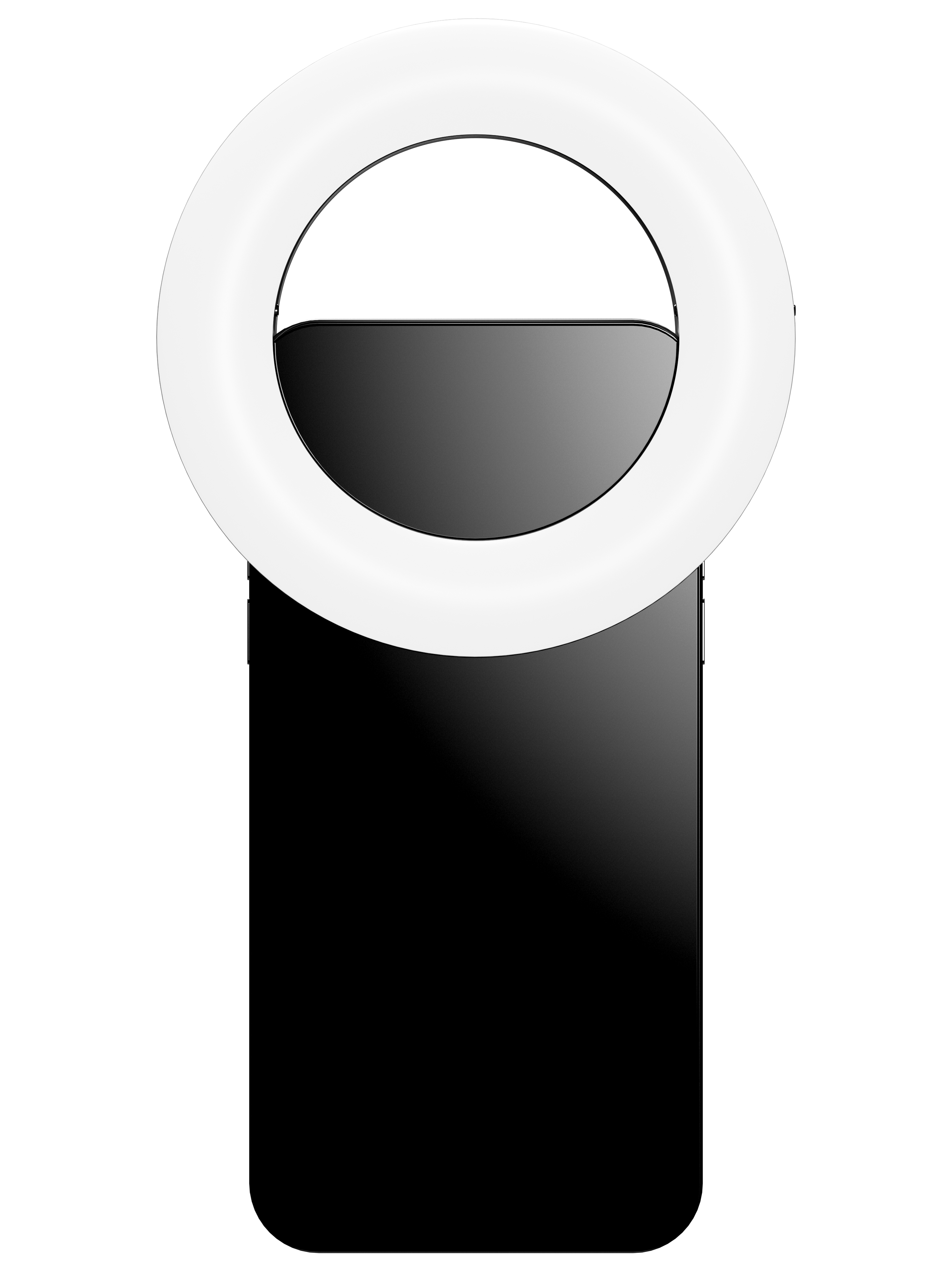 Ein weißes kreisförmiges Ringlicht mit einem befestigten Telefon, schwarzer Hintergrund.