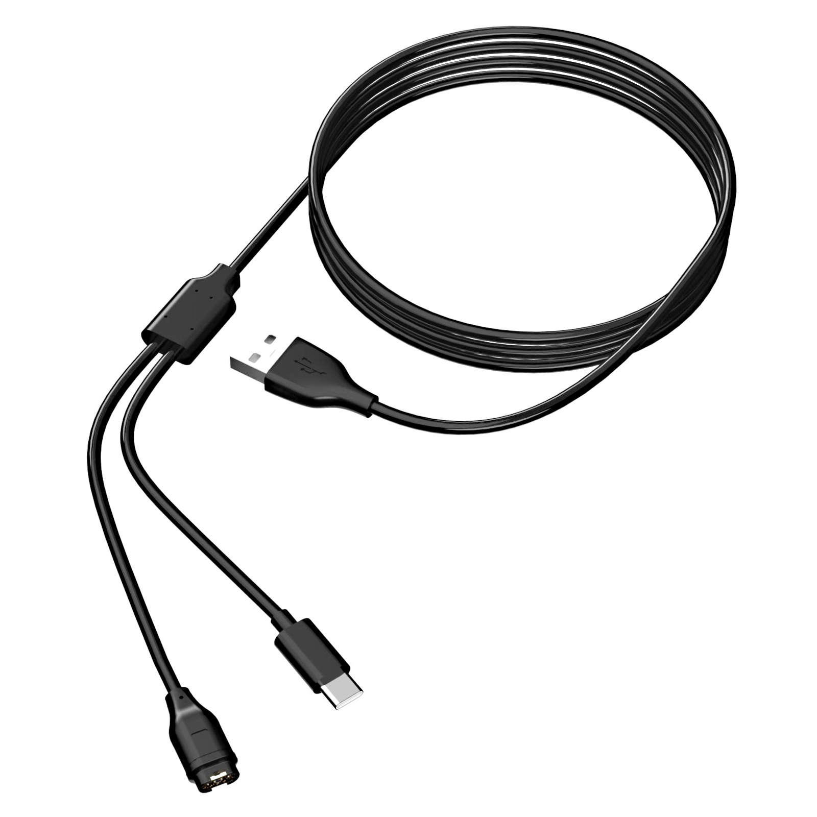 Schwarzes Ladekabel mit USB-, USB-C- und Garmin-Anschlüssen auf weißem Hintergrund.