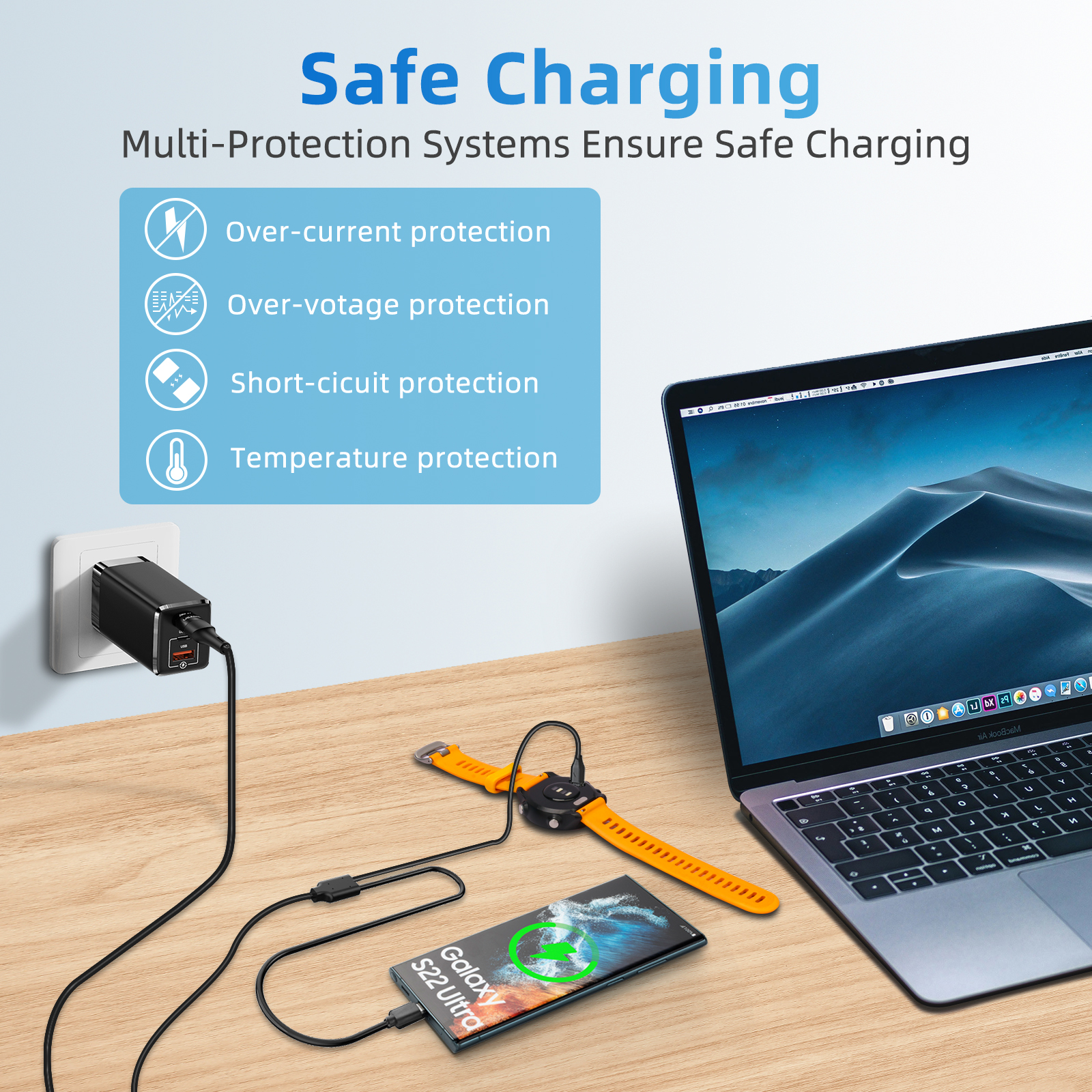 Eine Ladestation mit Telefon, Smartwatch und Laptop. Text: Sicheres Laden mit Schutzsystemen.