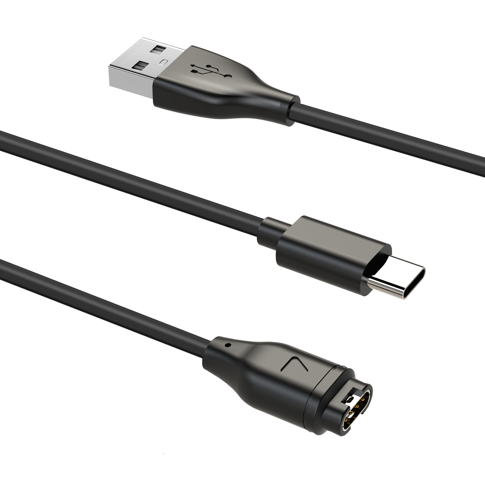Drei schwarze Ladekabel mit verschiedenen Anschlüssen: USB, USB-C und ein proprietärer Garmin-Anschluss.