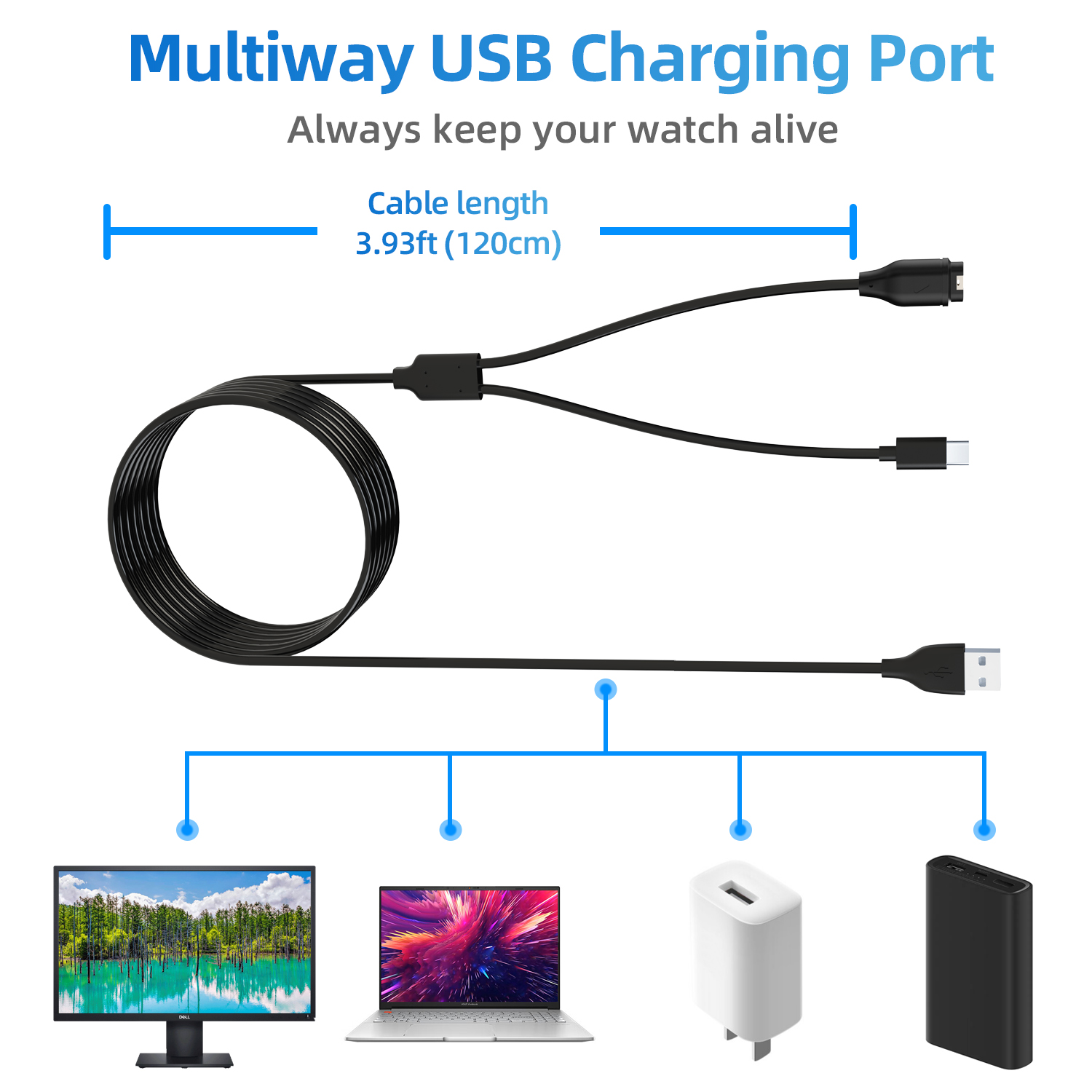 Ein Multiway-USB-Ladekabel mit verschiedenen angeschlossenen Geräten wie Monitor und Laptop.