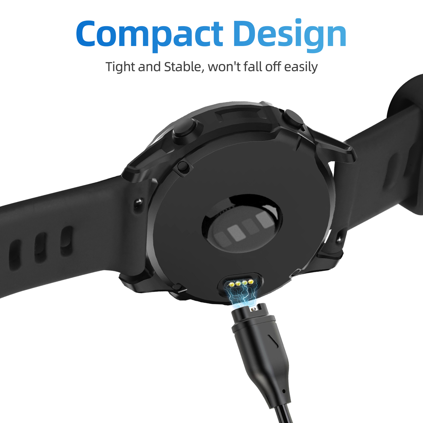 Schwarze Smartwatch mit angeschlossenem Ladekabel, Nahaufnahme der Rückseite.