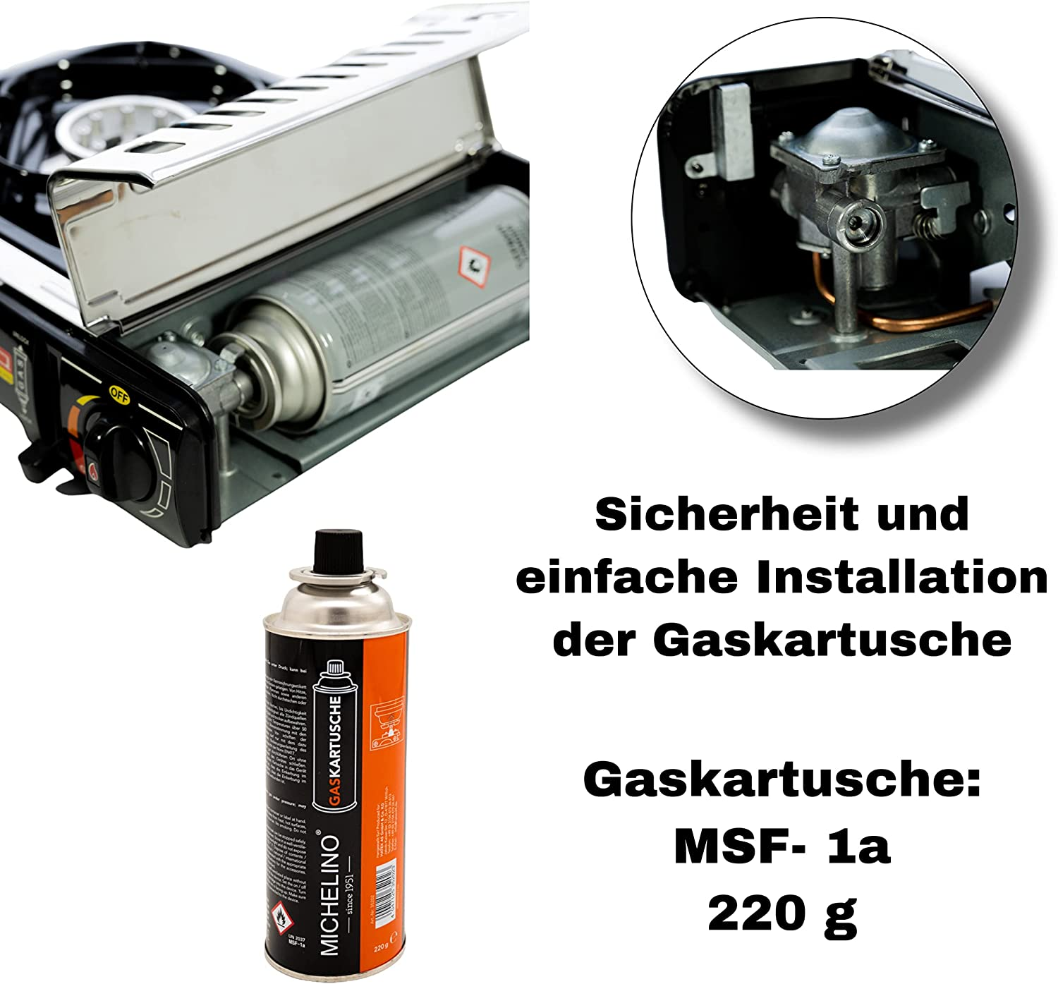 Tragbarer Gasherd mit Gaskartusche und Details, mit Text 'Sicherheit und einfache Installation'.