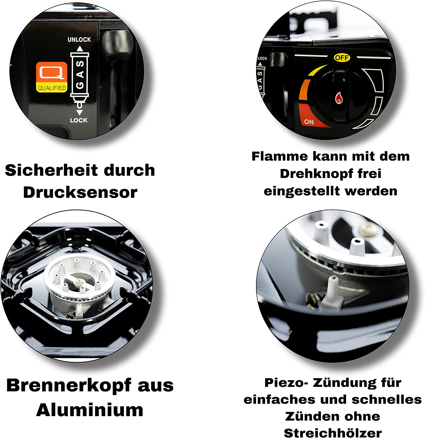 Nahaufnahme eines tragbaren Gasherds mit Sicherheitsmerkmalen und Bedienelementen. Schwarz und Orange.
