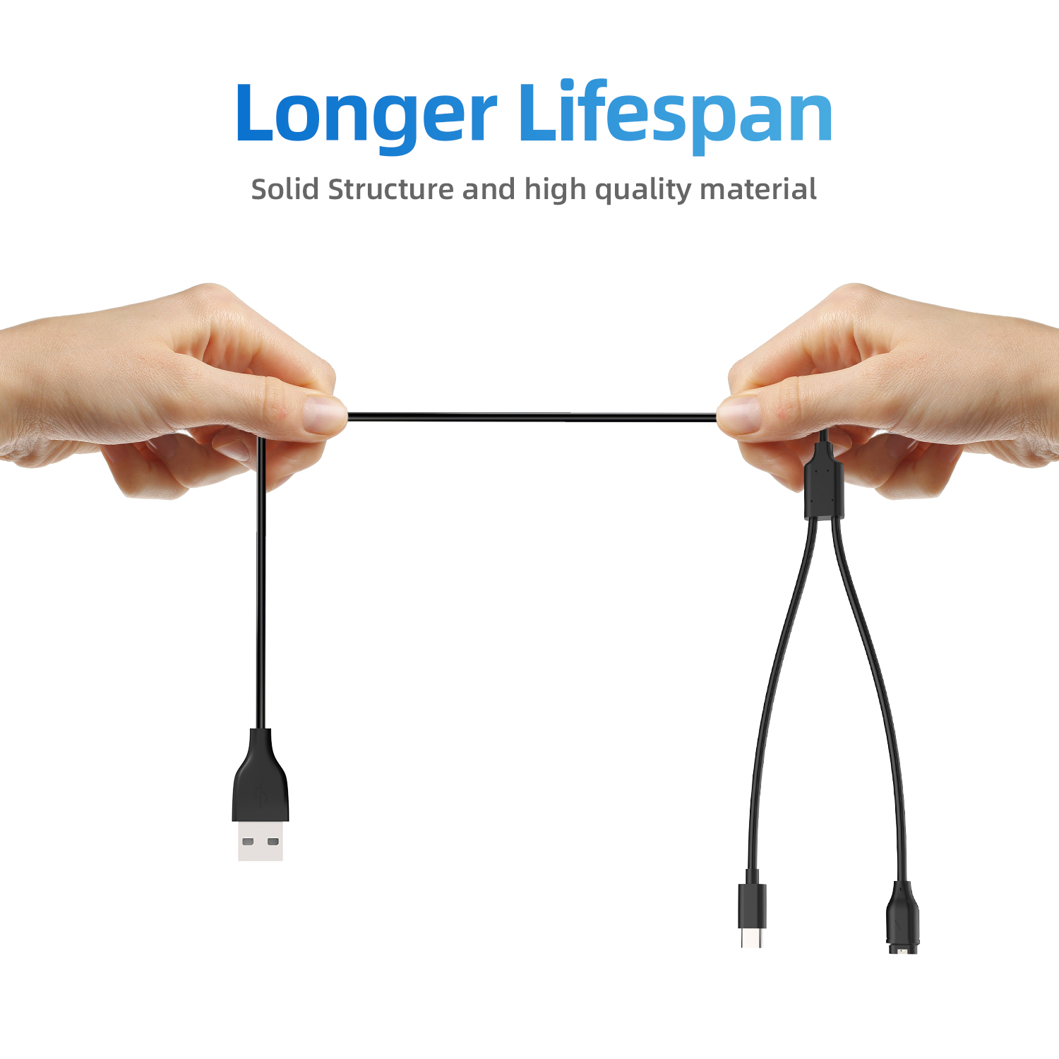 Zwei Hände halten ein USB-auf-Dual-Ladekabel, mit dem Text 'Längere Lebensdauer'.