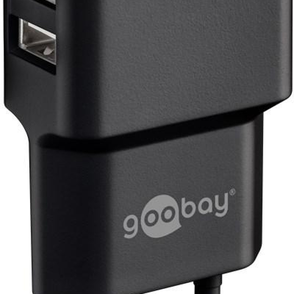 Schwarzes Goobay Ladegerät mit USB-Anschluss. Das Markenlogo ist sichtbar.