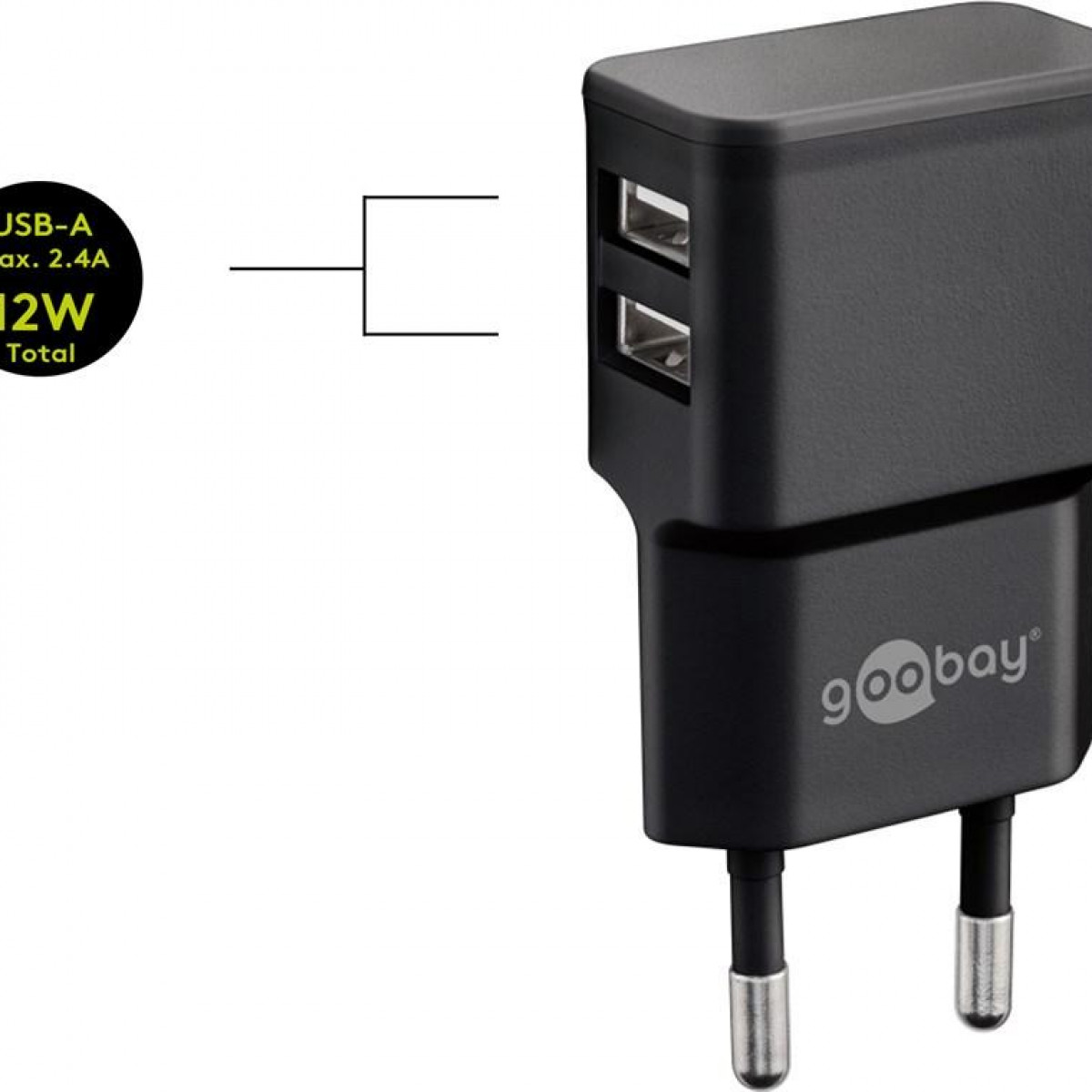 Schwarzes Wandladegerät mit zwei USB-Anschlüssen und 'goobay'-Logo.
