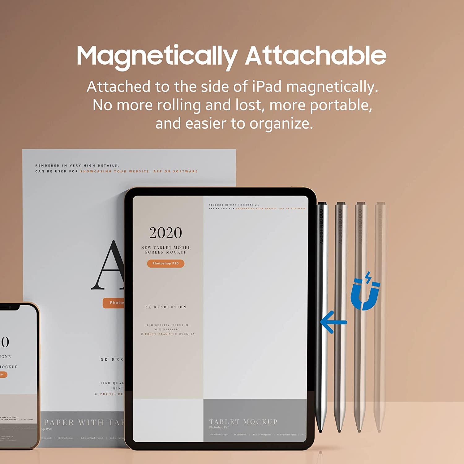 iPad con 3 stilo. Il testo dice: Attaccabile magneticamente. Niente più rotolamento o smarrimento, più portatile e facile da organizzare.