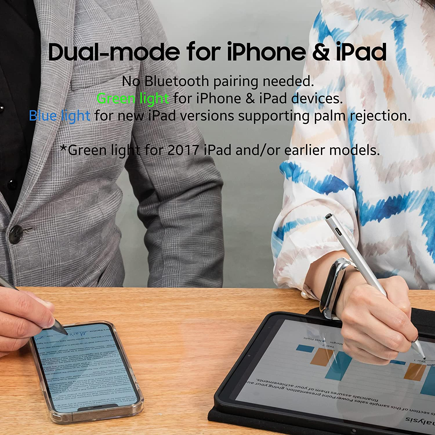 Persone che usano le penne su iPhone e iPad. Dettagli del testo sulla modalità dual e l'accoppiamento Bluetooth.