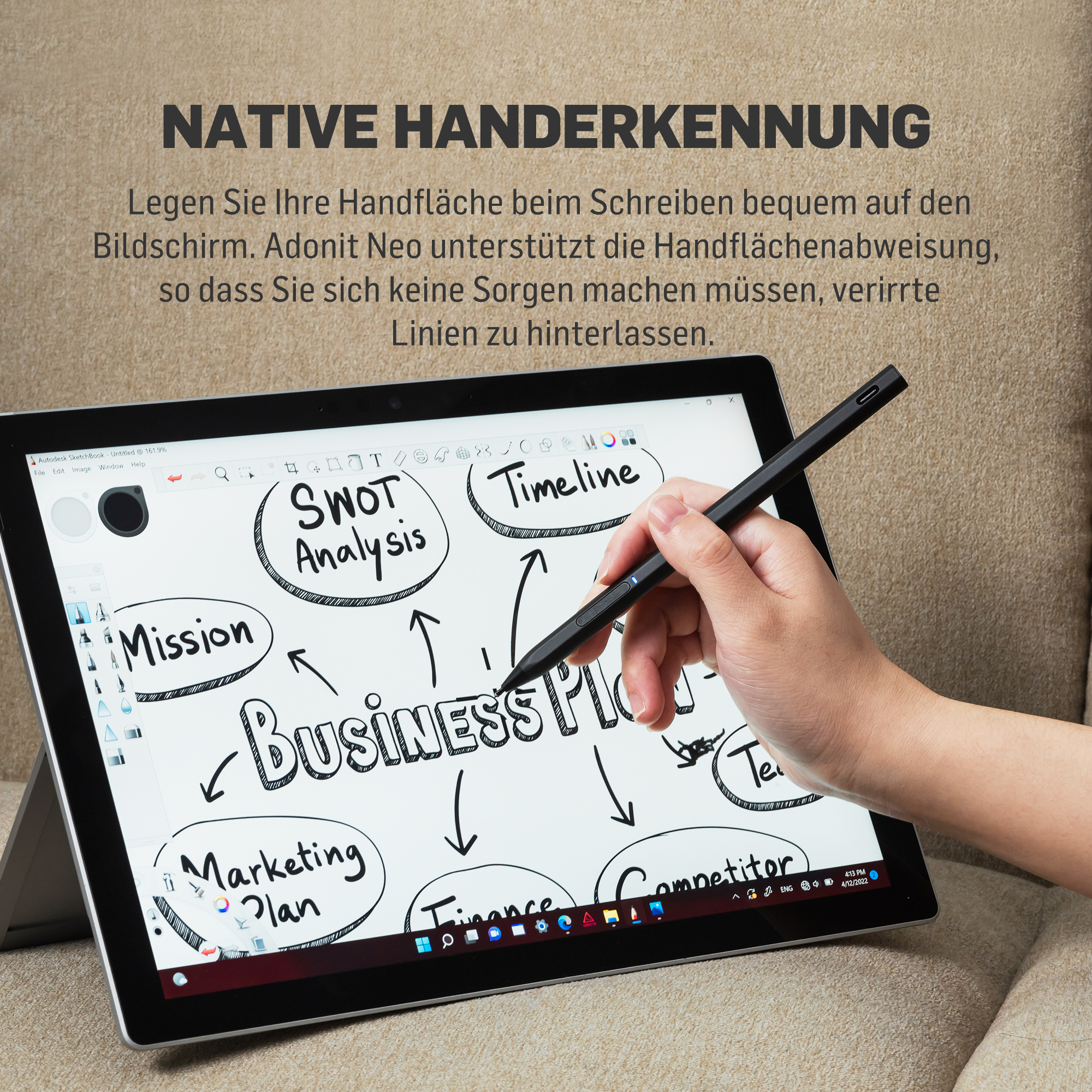 Eine Hand benutzt einen Stift auf einem Tablet-Bildschirm, mit einem Diagramm, das 'Business Plan' und verwandte Themen zeigt.