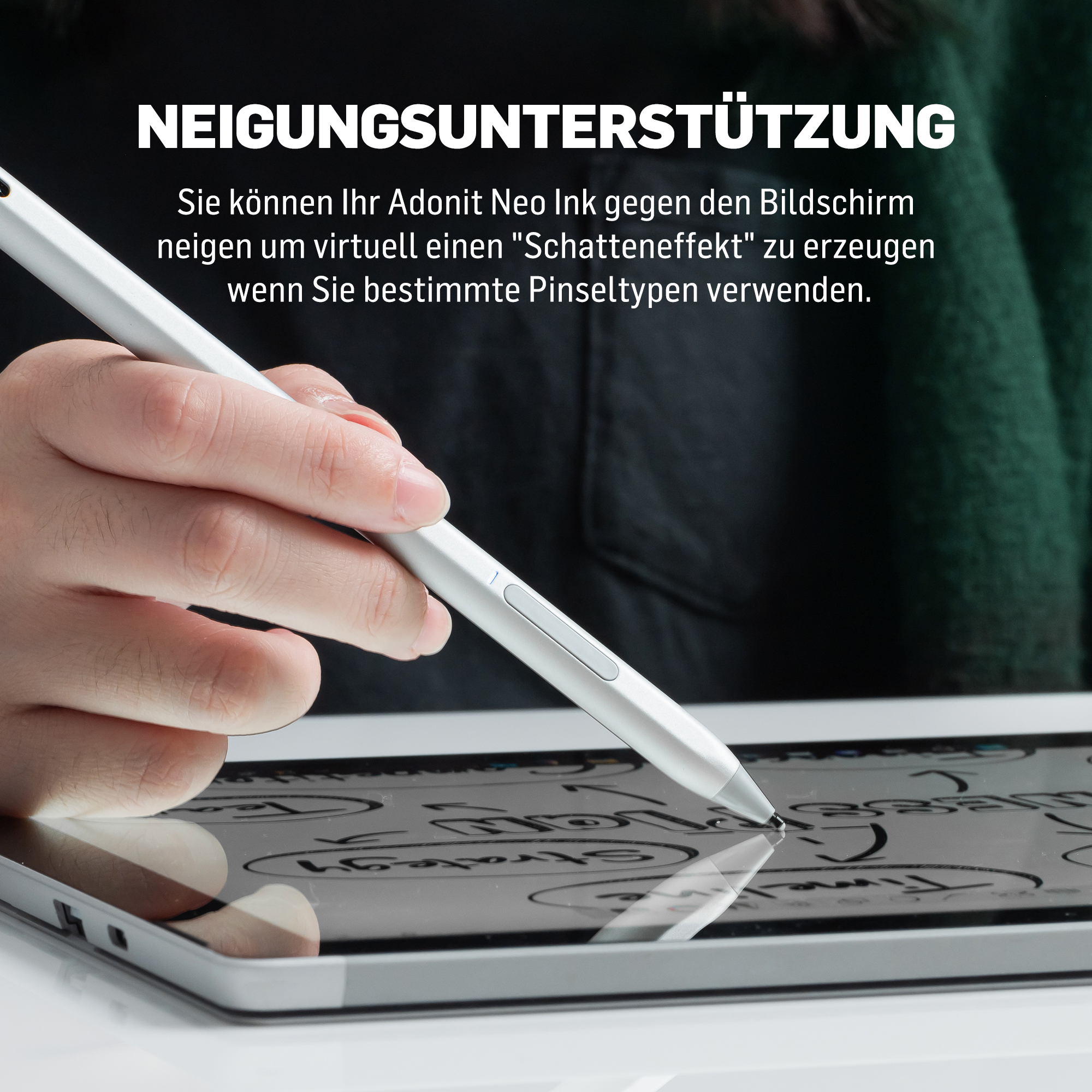 Hand hält weißen Stylus-Stift über einem Tablet, mit Text über den Schatteneffekt des Stifts.