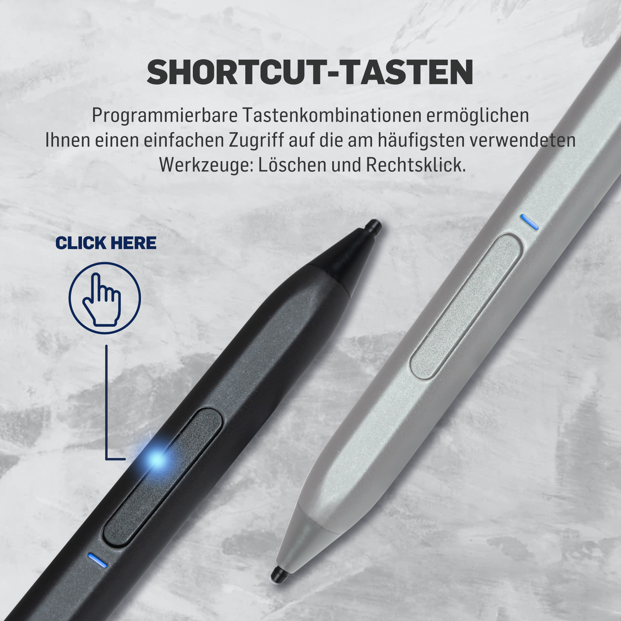 Zwei schwarze und silberne Stifte mit einer Textüberlagerung, die Sondertasten bewirbt.