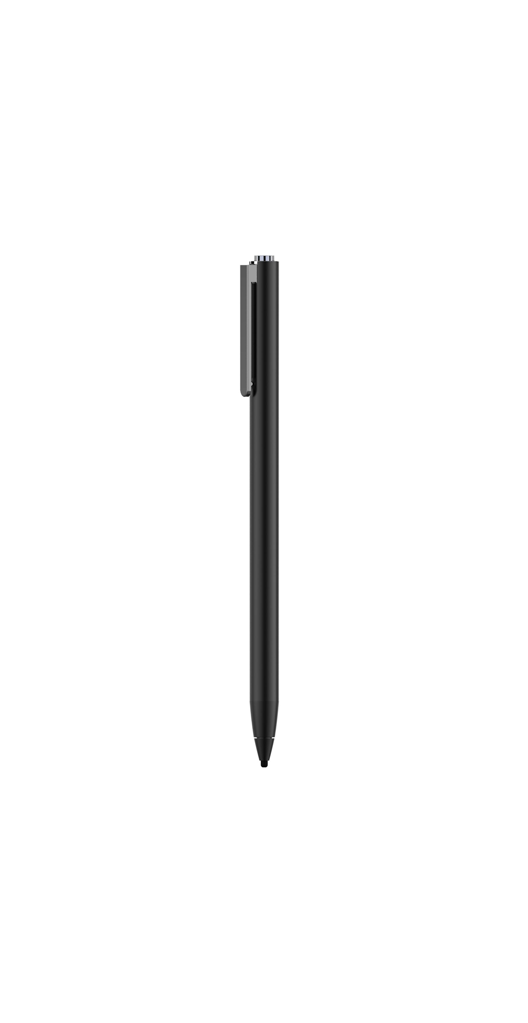 Penna nera con clip, su sfondo bianco.