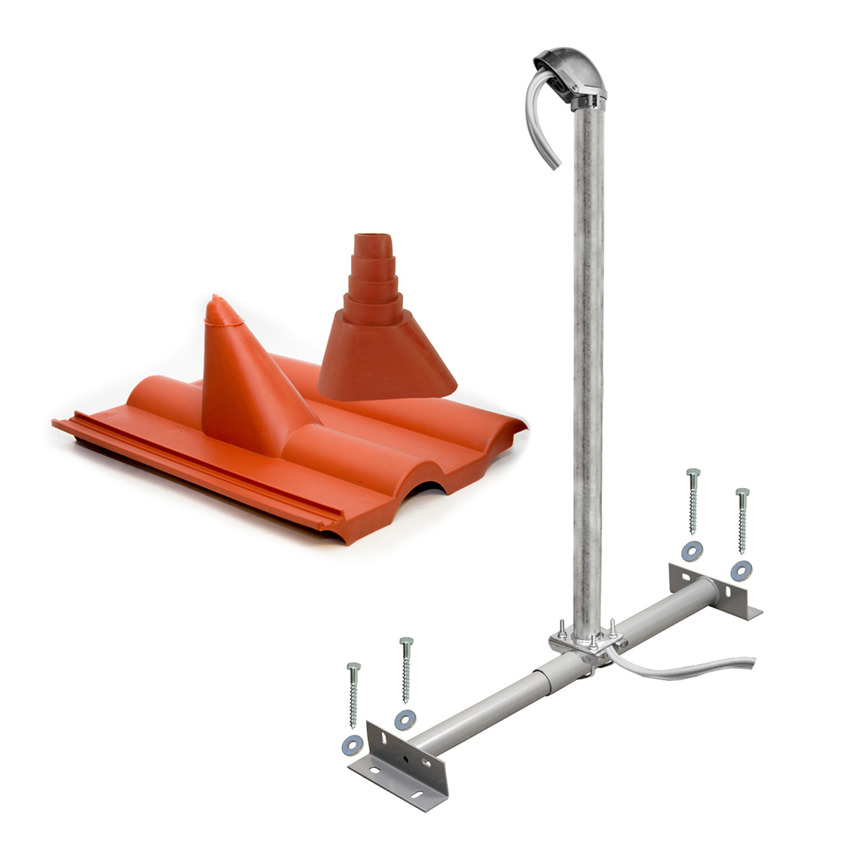 Dachinstallationskomponenten. Enthält Dachziegel, Entlüftung und Stange mit Befestigungsteilen.