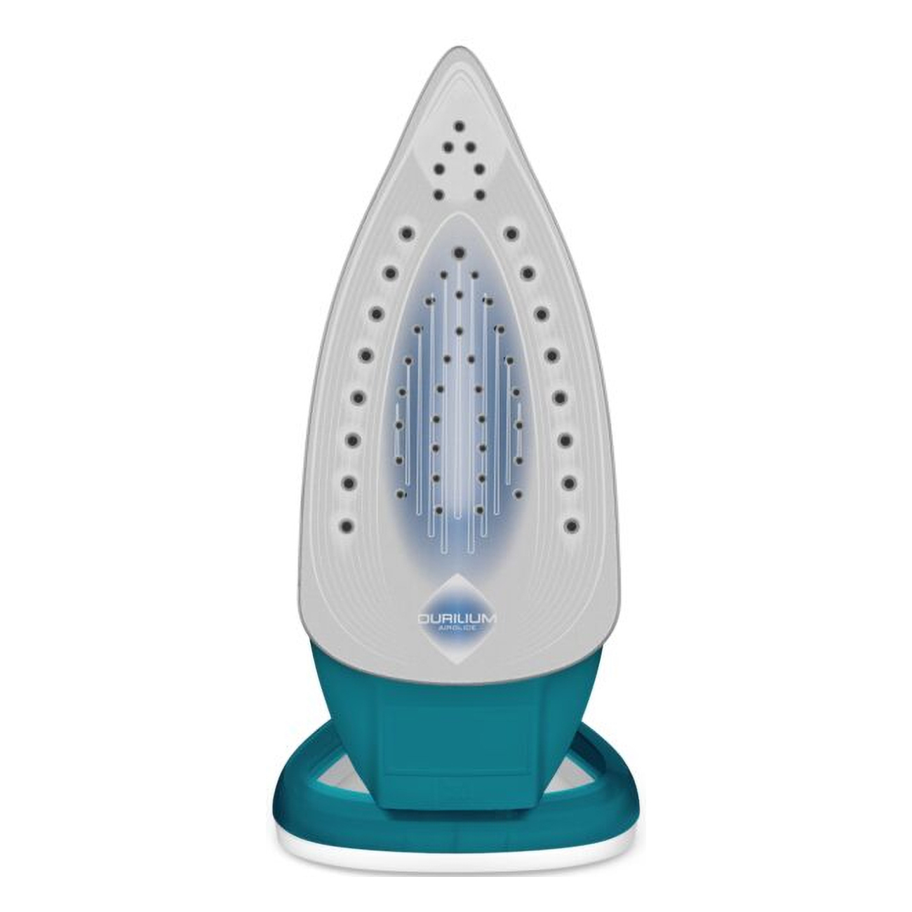 Plancha turquesa y blanca, vista superior, con base y diseño azules.