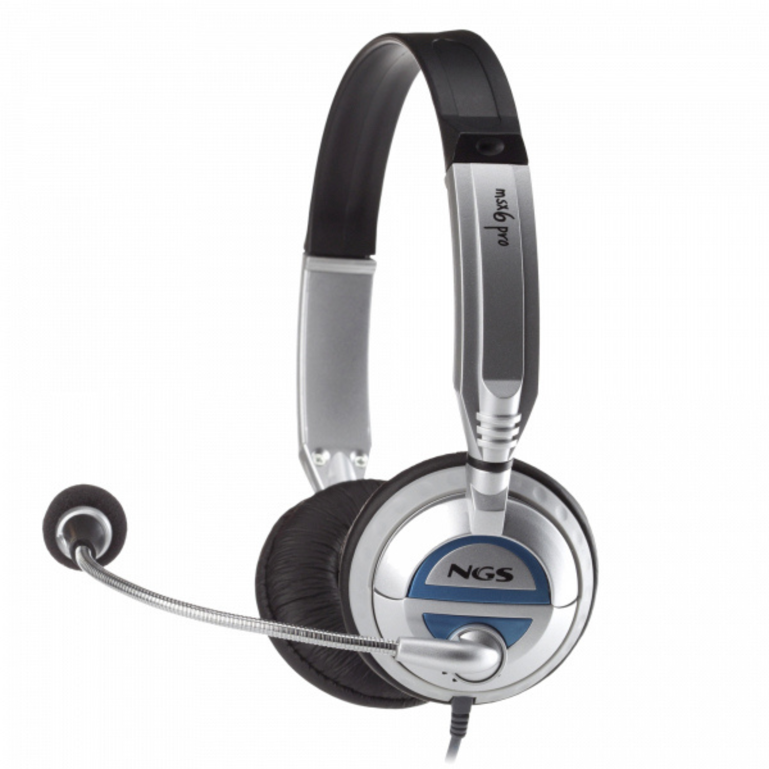Auriculares plateados y negros con micrófono, marca NGS Pro.