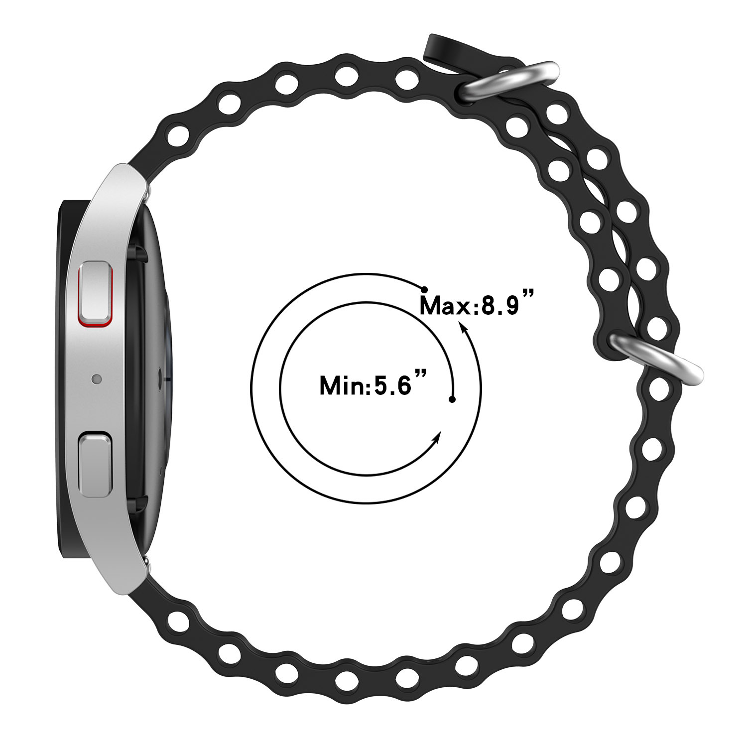 Schwarze Smartwatch mit schwarzem Armband. Zeigt Größen von 5,6 bis 8,9 Zoll.
