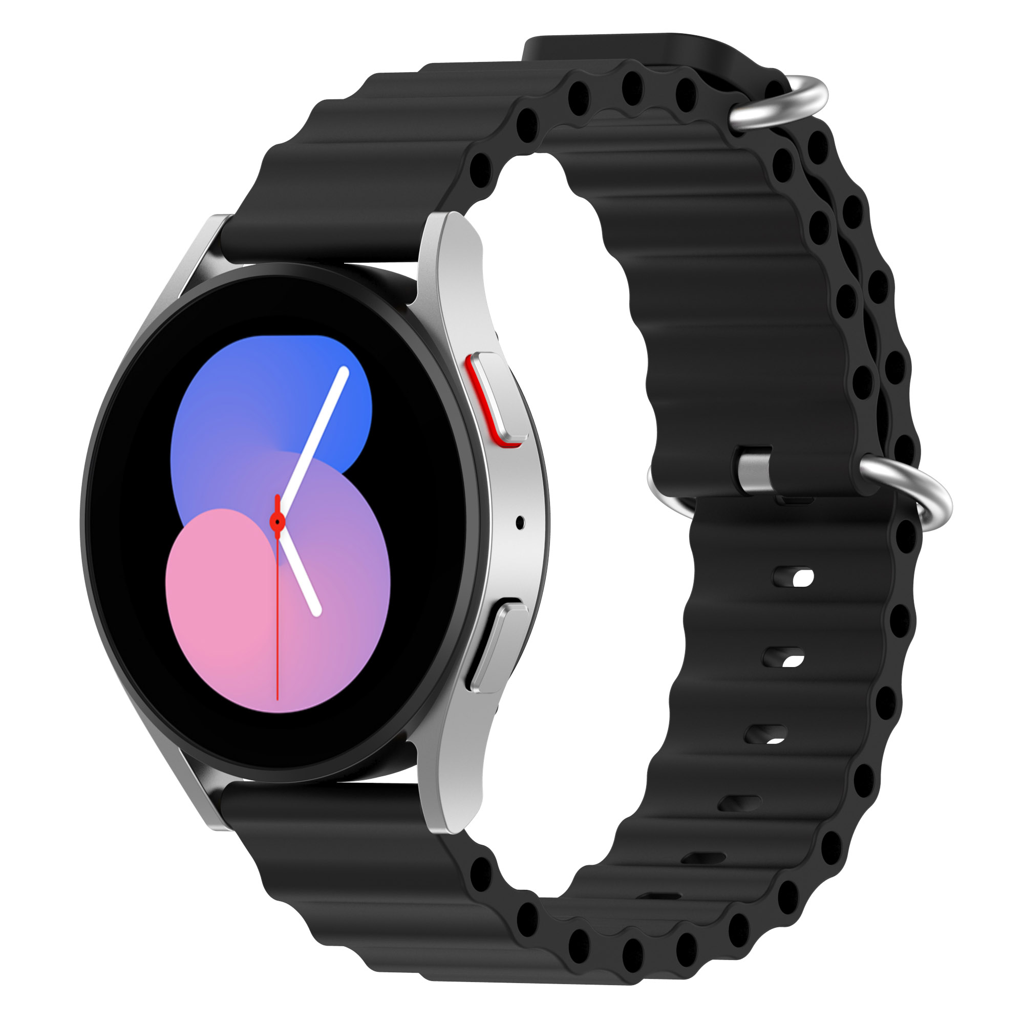 Silberne und schwarze Smartwatch mit schwarzem Armband. Die Uhr hat ein rundes Zifferblatt.