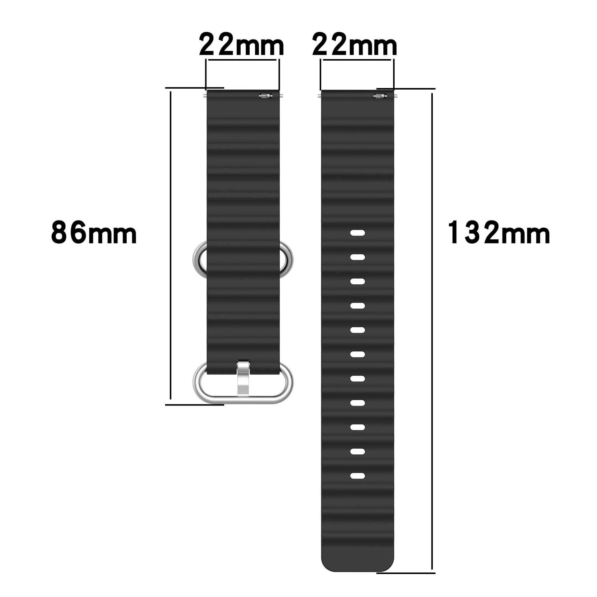 Schwarze Uhrenarmbänder mit Maßen. Die Armbänder sind 86mm und 132mm lang.