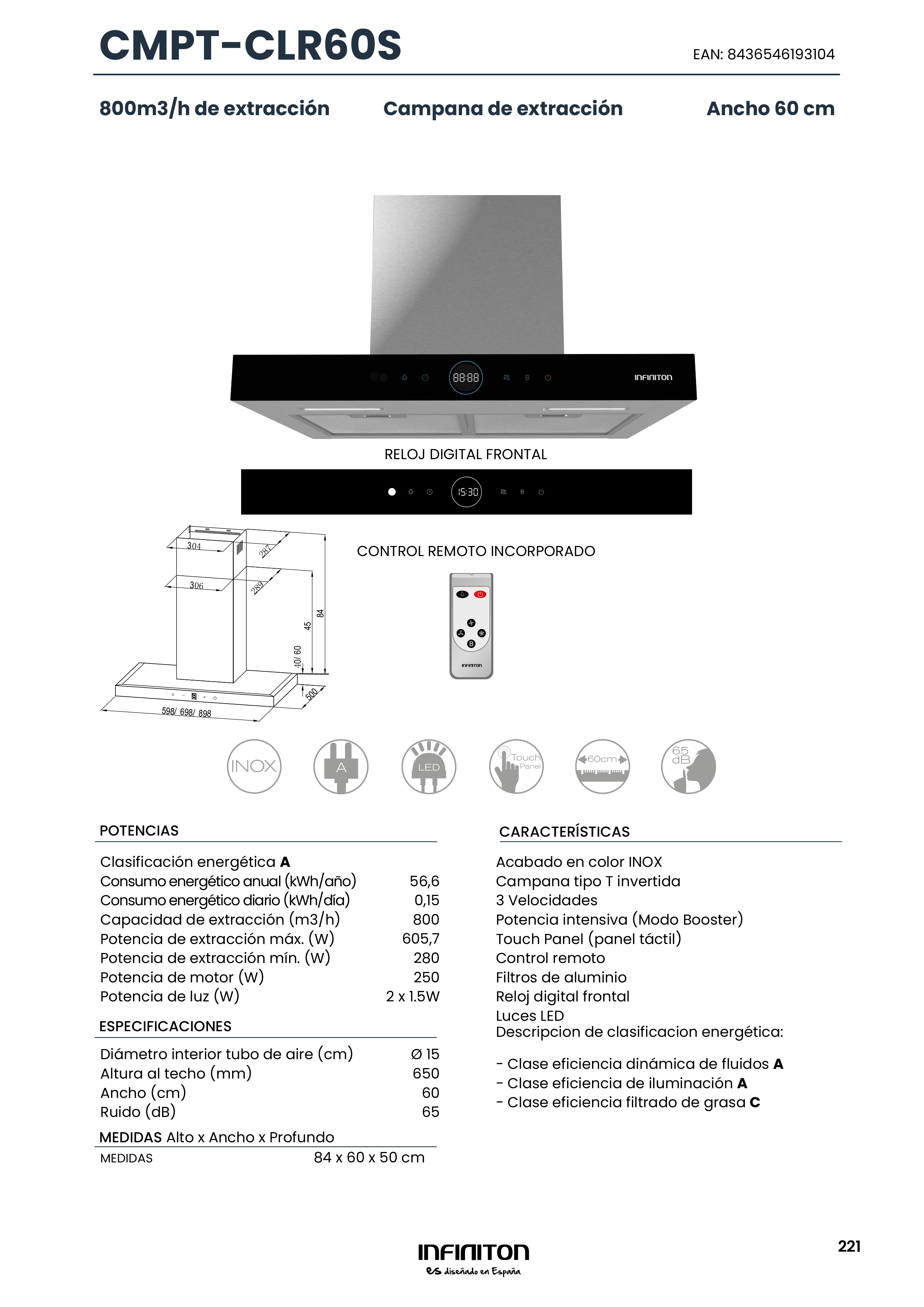 Campana extractora blanca y negra con reloj digital y panel de control, y un mando a distancia.