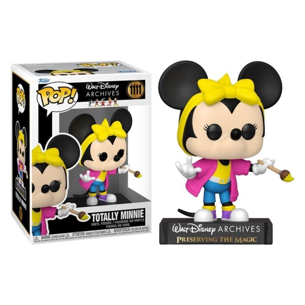 Minnie Mouse-Figur in einer Box, die einen Pinsel hält. Auf der Box steht 'Totally Minnie' und 'Walt Disney Archives'.