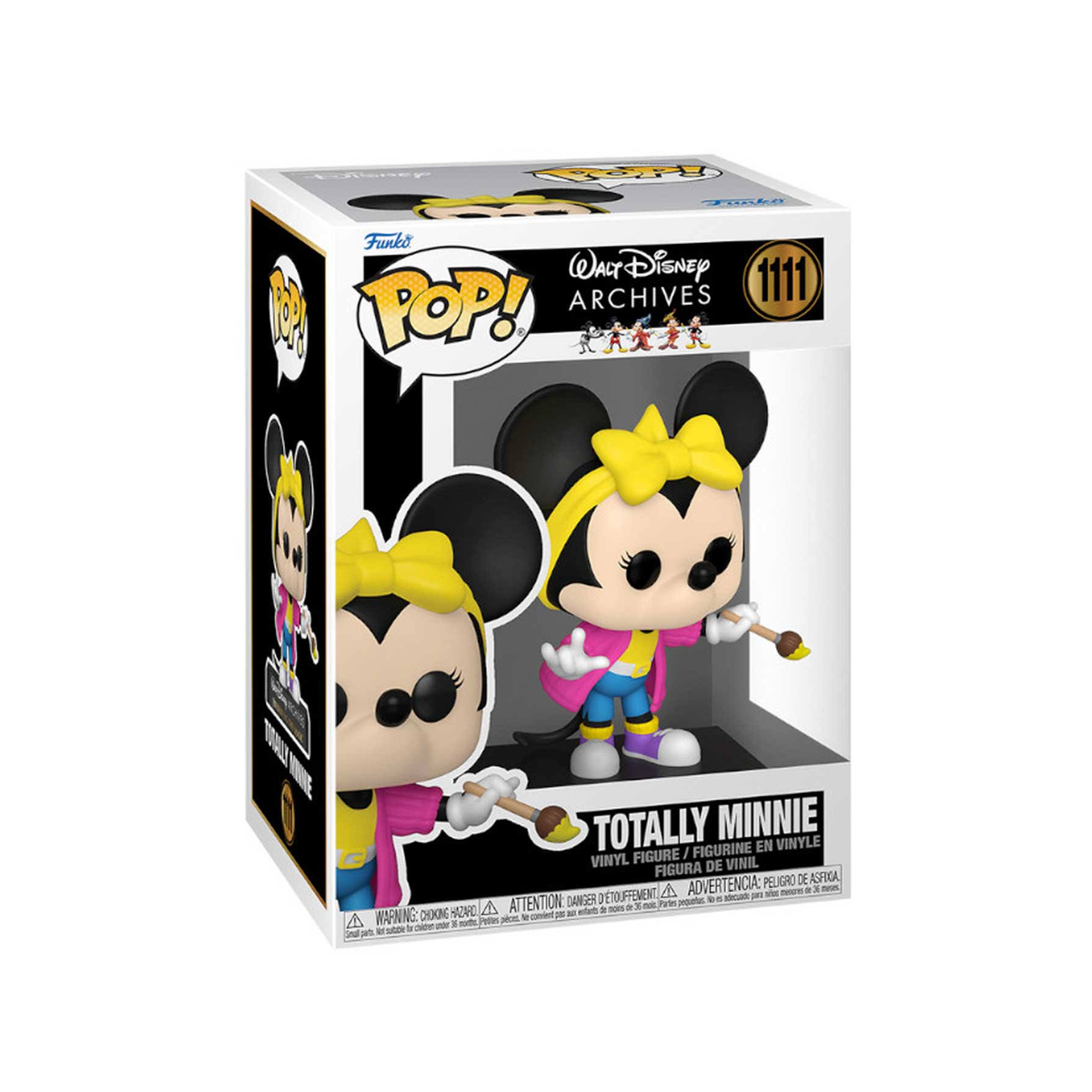 Eine Minnie Maus Funko Pop Figur in ihrer Box. Die Box zeigt Minnie in einem gelben Kleid mit Pinsel.
