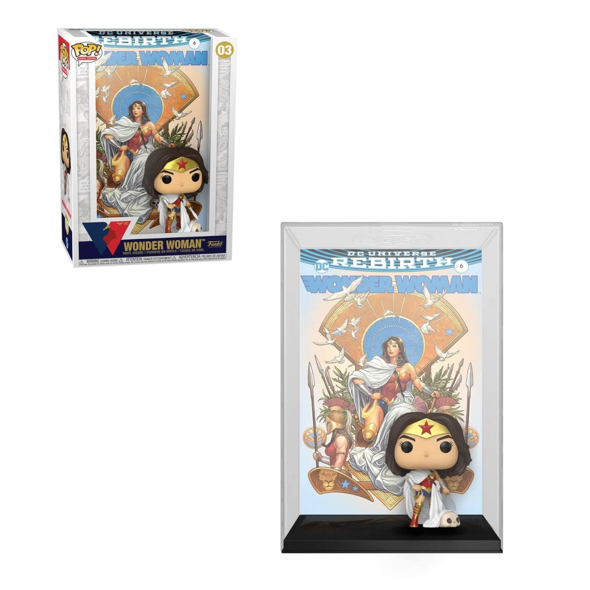 Wonder Woman Funko Pop Figur in und außerhalb der Box, mit Comic-Cover-Hintergrund.