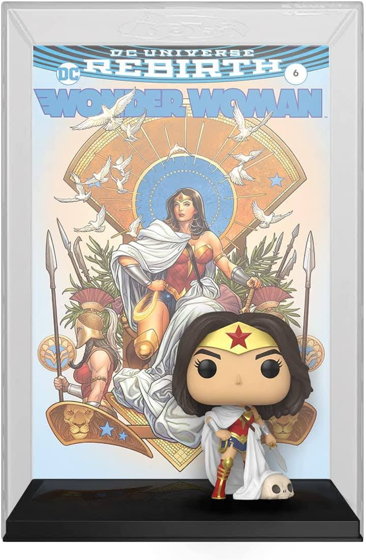 Eine Wonder Woman Funko Pop Figur, die in einem transparenten Gehäuse mit Comic-Hintergrund ausgestellt ist.