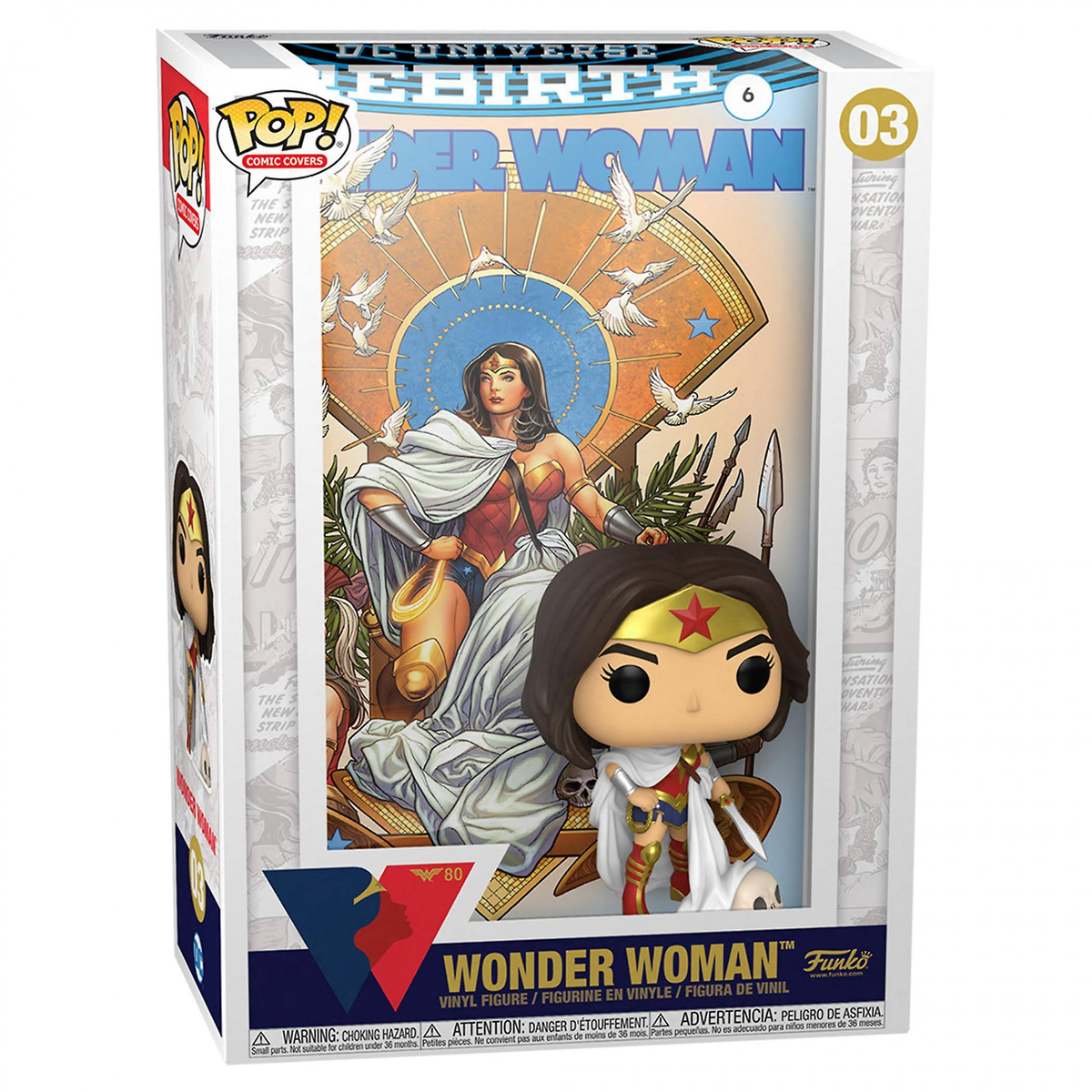 Wonder Woman Funko Pop Figur in einer Box. Die Box zeigt Comic-Kunst von Wonder Woman. Weißer Hintergrund.