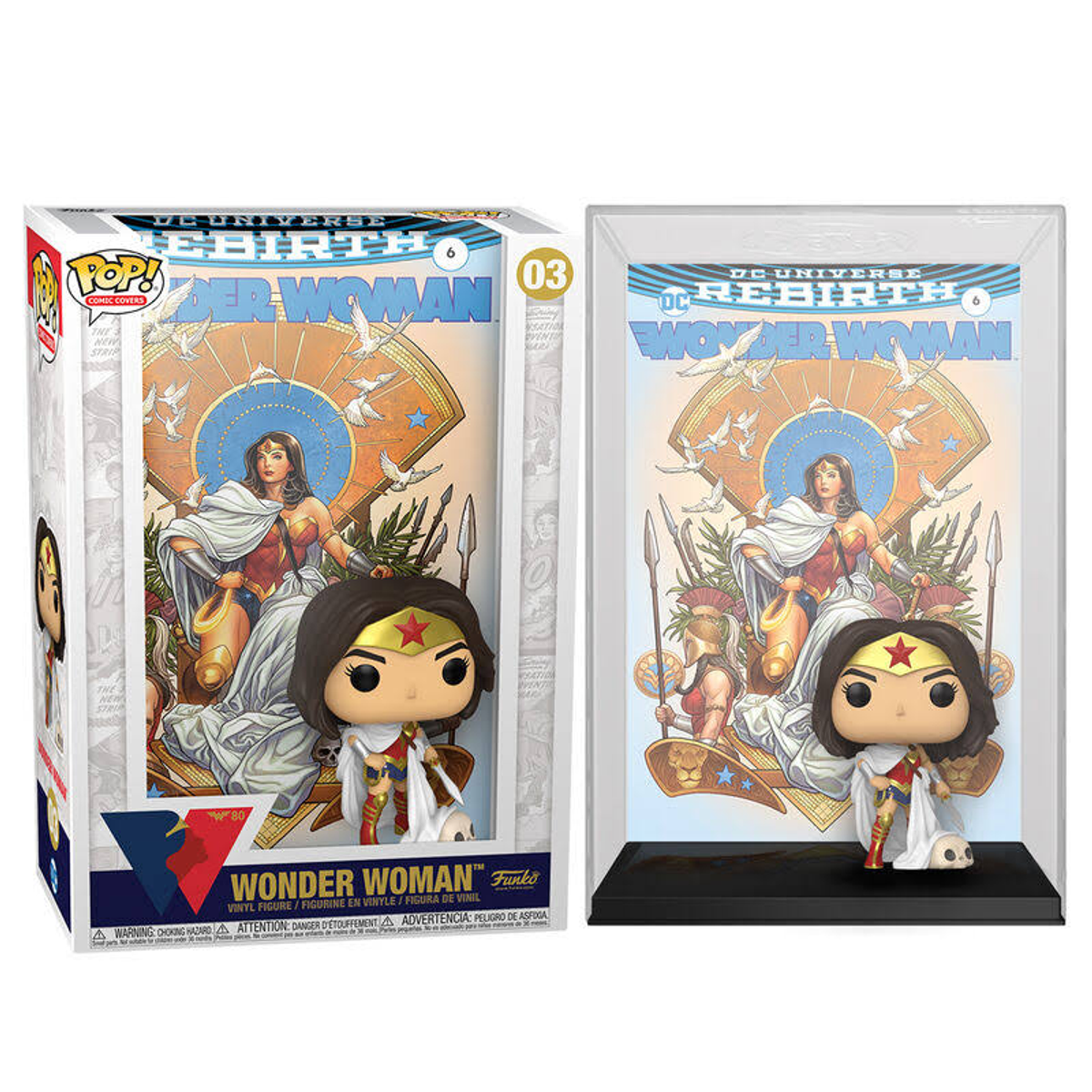 Funko Pop-Box mit einer Wonder Woman-Figur und einem Comic-Cover. Die Box ist transparent.