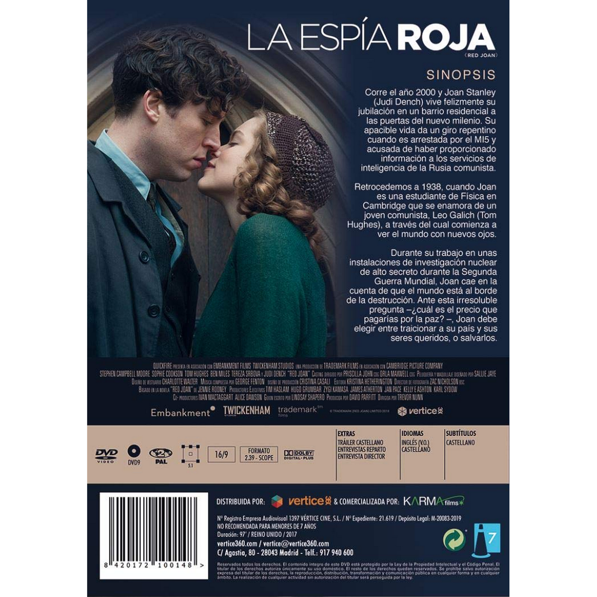 Portada de DVD de 'Red Joan'. Pareja besándose. Texto en español. Fondo blanco.