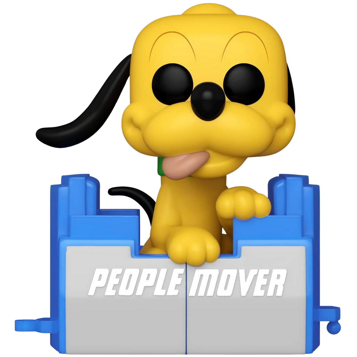 Gelbe Pluto-Figur auf einem blau-weißen Ständer mit dem Text 'PEOPLE MOVER'.