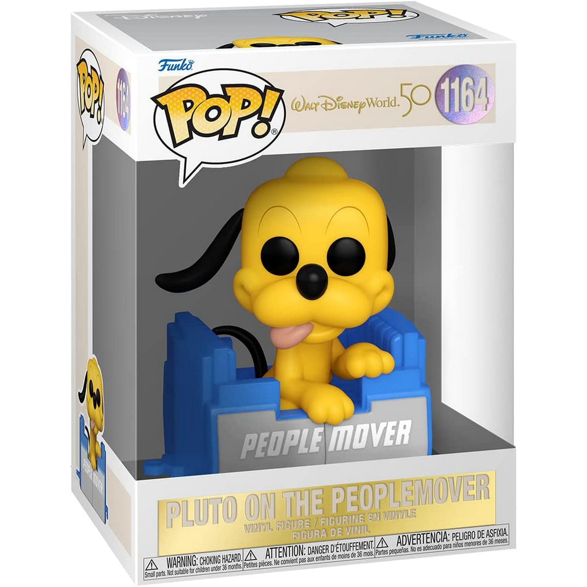 Funko Pop! Pluto-Figur in einem People Mover-Wagen, in einer Display-Box.