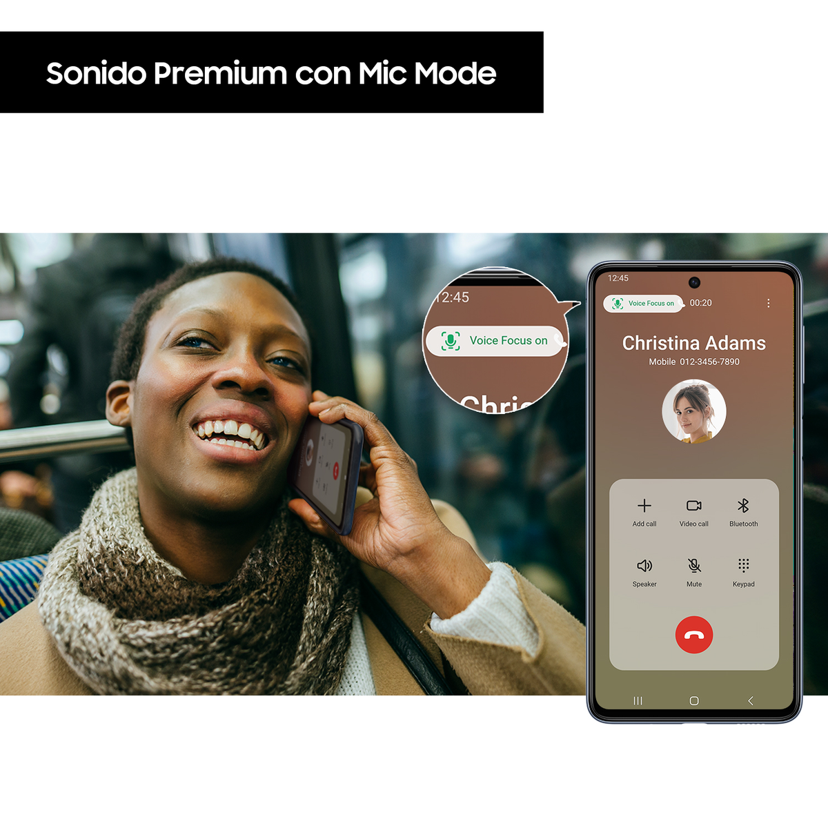 Mujer en una llamada con un teléfono junto a su oído. La pantalla del teléfono muestra una llamada con Christina Adams.