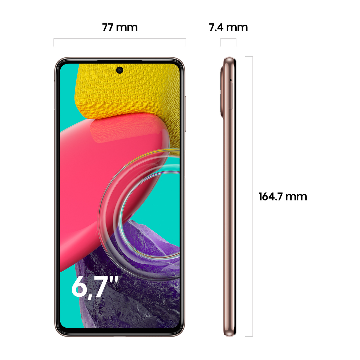 Smartphone sobre fondo blanco, mostrando pantalla y vista lateral con dimensiones.