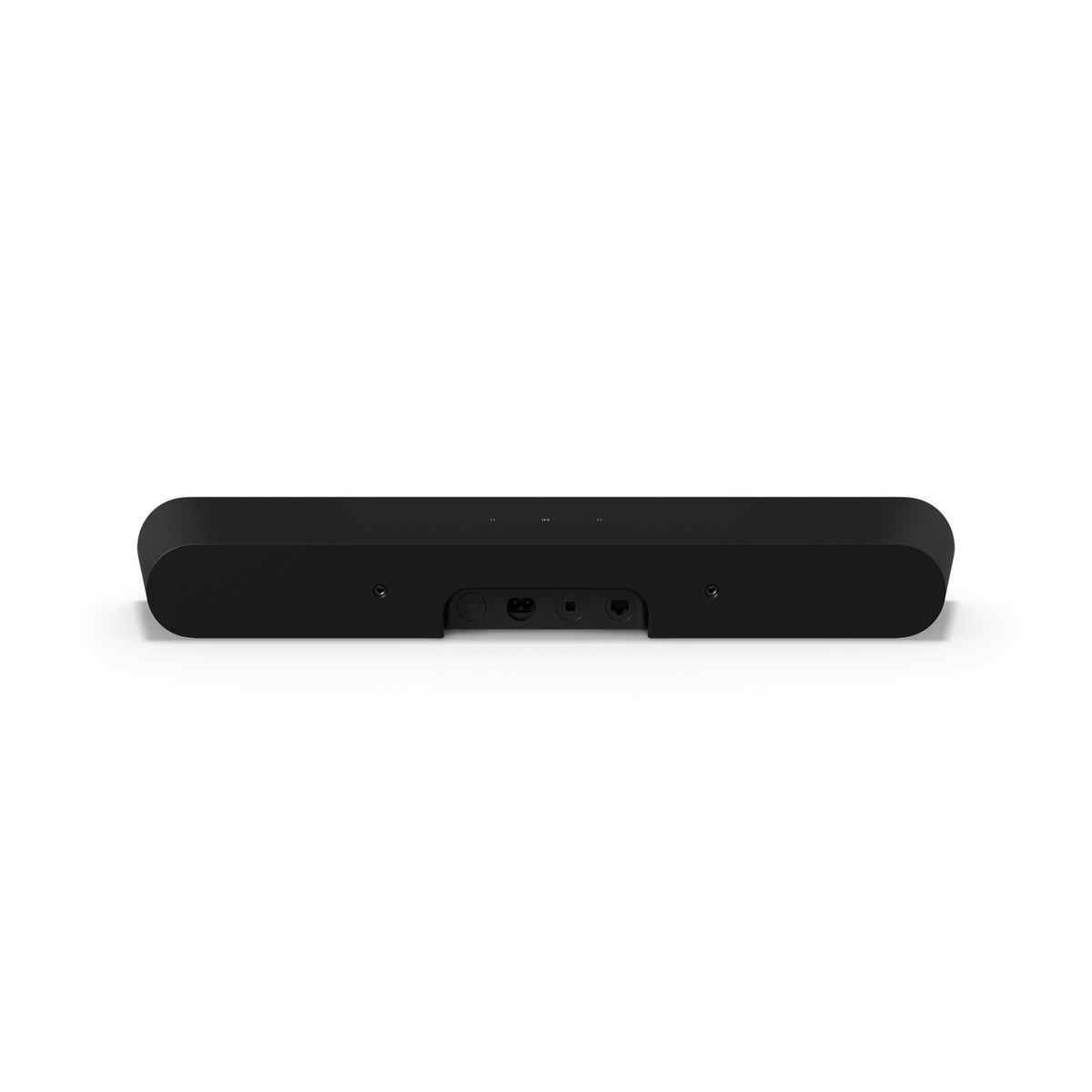 Schwarze Soundbar mit abgerundeten Kanten von hinten gesehen, auf weißem Grund.