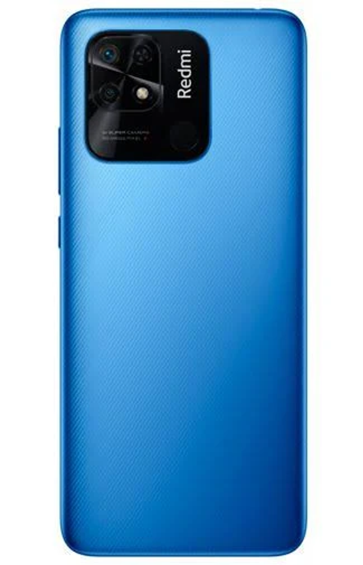 Blaues Redmi C-Telefon, Rückansicht. Schwarzes Kameramodul mit drei Objektiven. Redmi-Logo. Strukturierte blaue Rückseite.