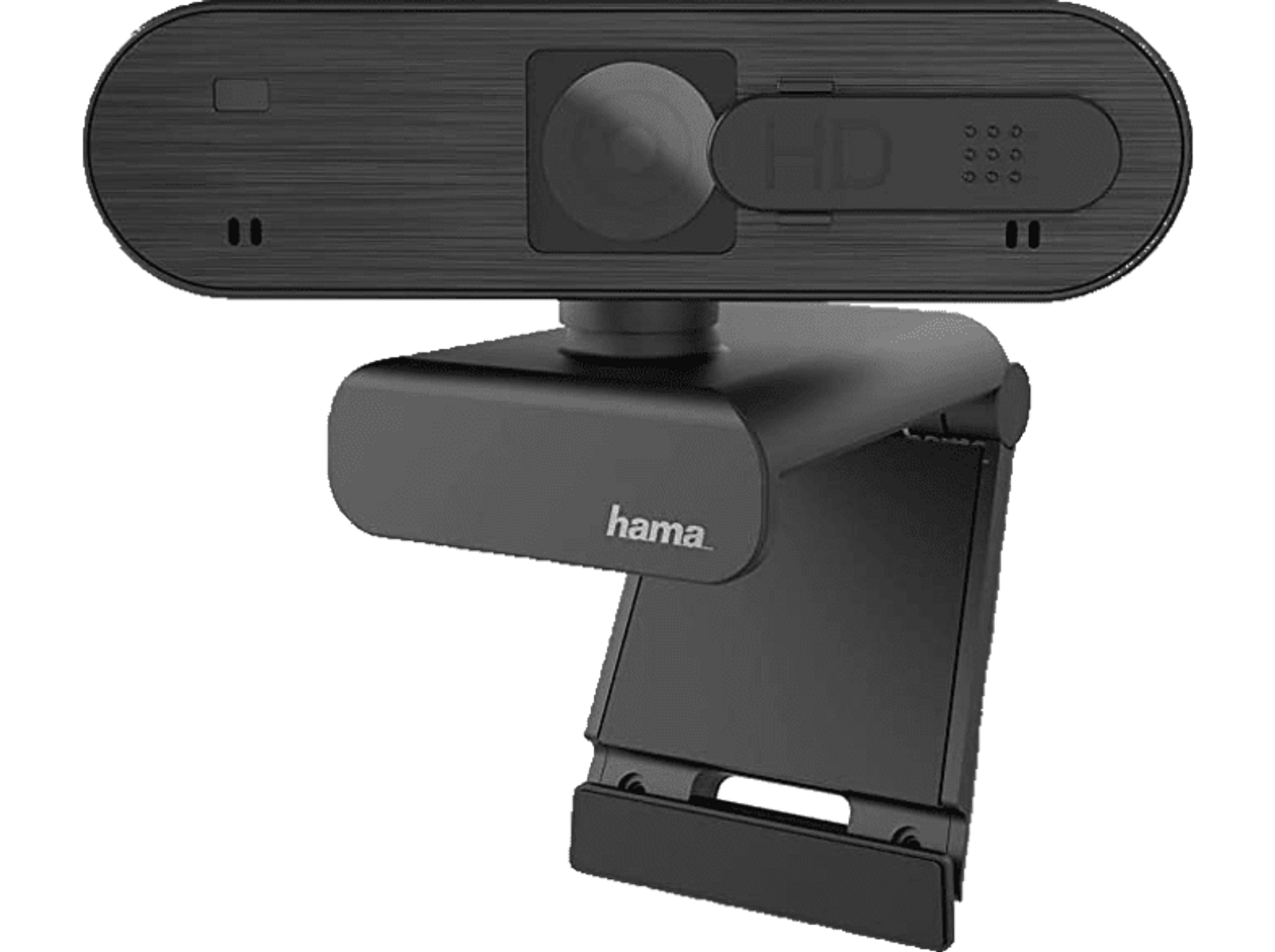 Czarna kamera internetowa z czarnym stojakiem. Jest na czarnym tle.