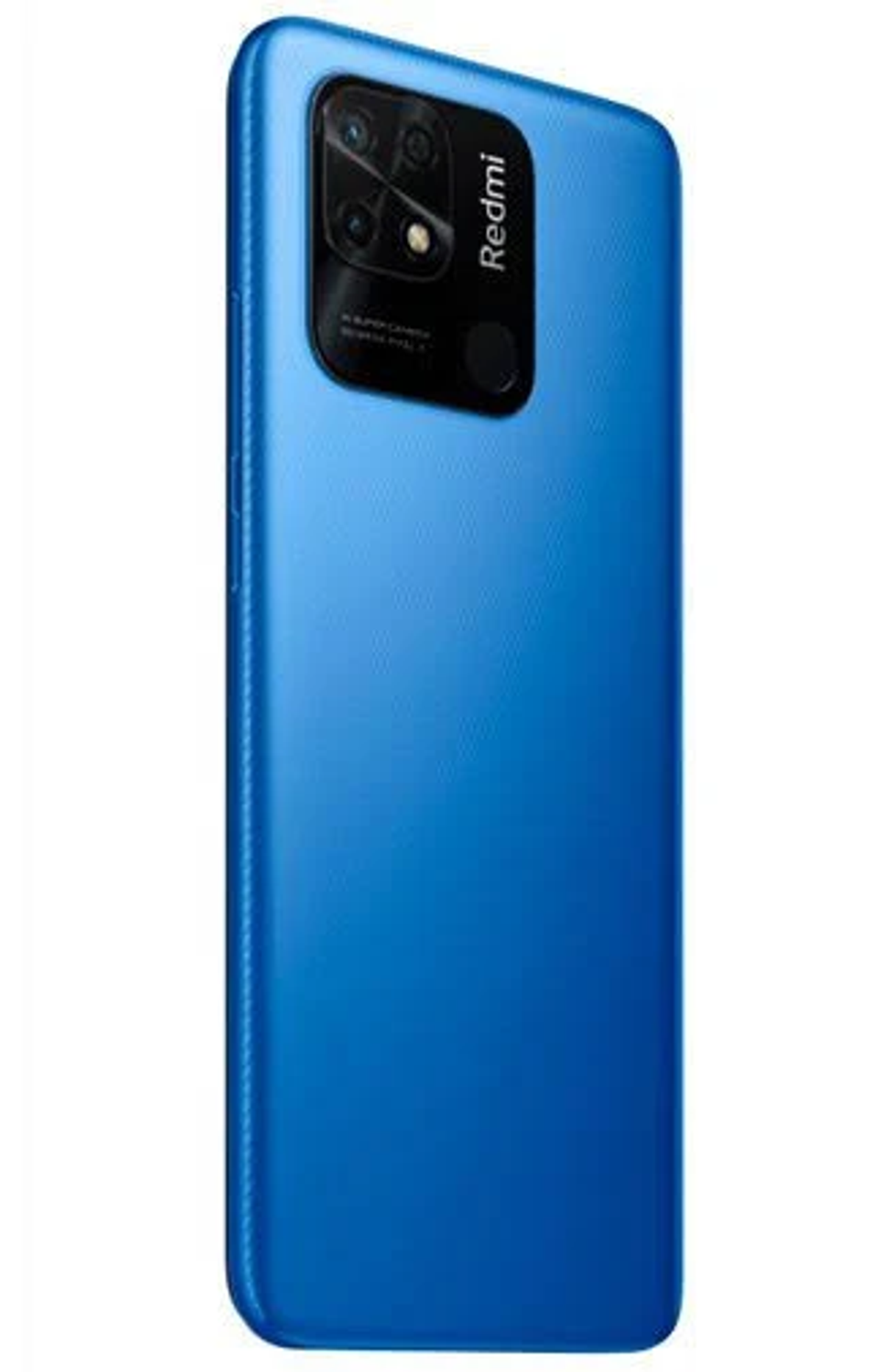 Rückansicht eines blauen Smartphones. Zeigt das Kameramodul und das Redmi-Logo auf der Rückseite.