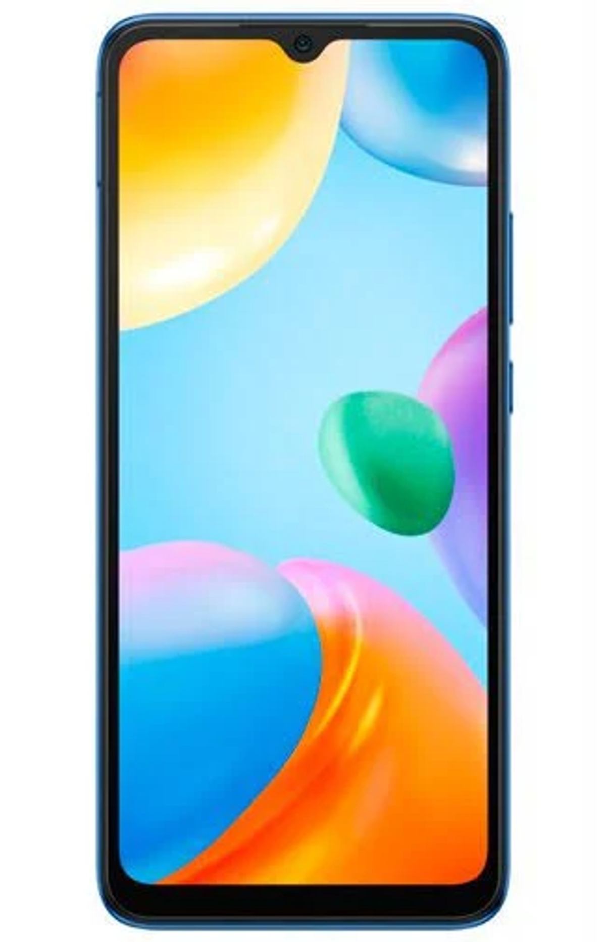Blaues Smartphone mit abstrakten, bunten Formen. Schwarzer Rahmen. Weißer Hintergrund.