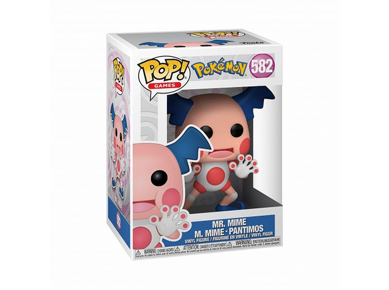 Personaggio di Mr. Mime Funko Pop in una scatola, che mostra il personaggio e l'arte della scatola.