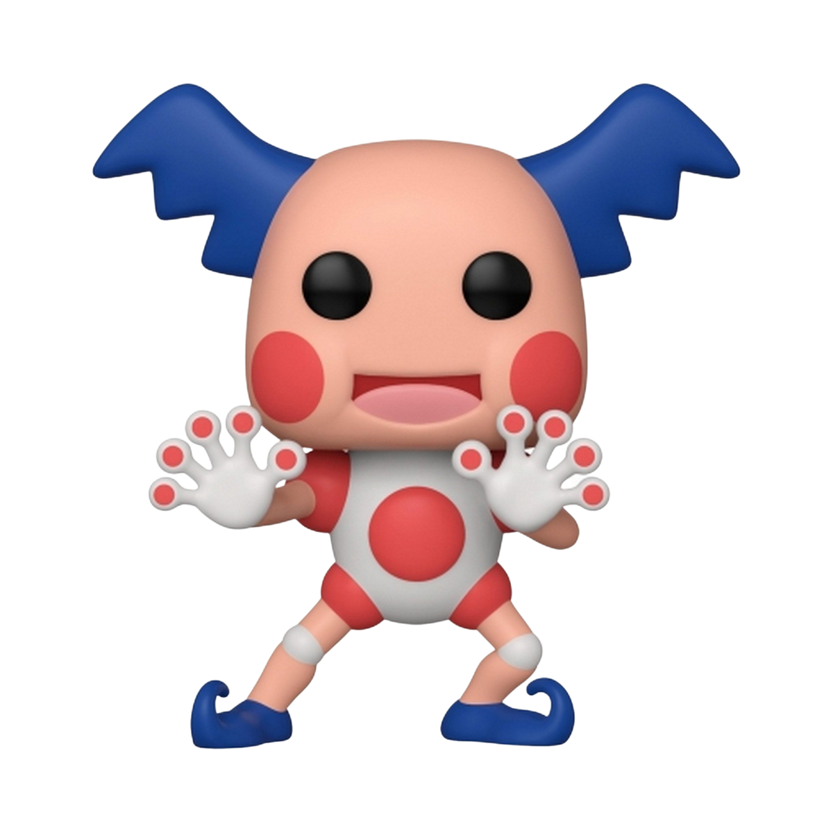 Una figura Funko Pop di Mr. Mime, con capelli blu e un'espressione comica su sfondo nero.