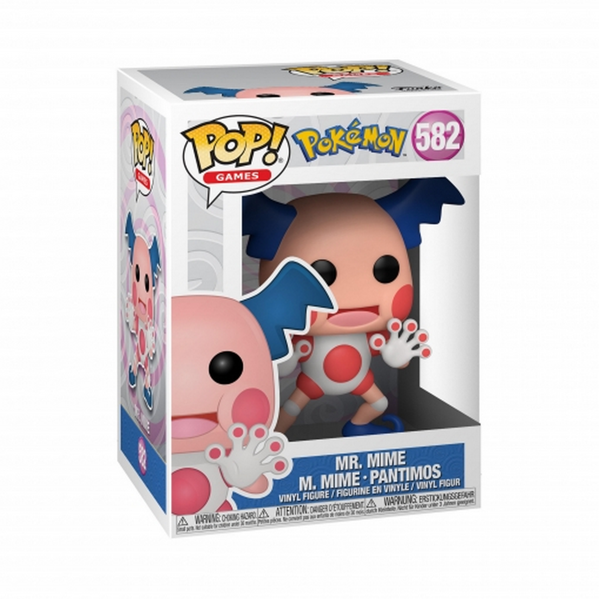 Figura Funko Pop di Mr. Mime nella scatola. Sfondo bianco.