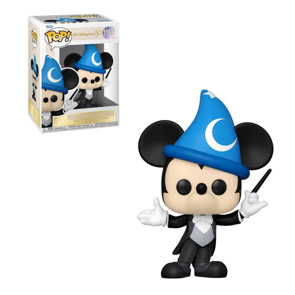 Personaggio di Mickey Mouse Funko Pop dentro e fuori dalla scatola, con cappello e abito da mago.