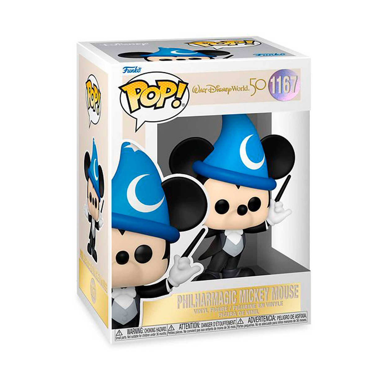 Scatola di Mickey Mouse Funko Pop con figura all'interno. L'arte della scatola presenta Mickey in un abito da mago. Sfondo bianco.