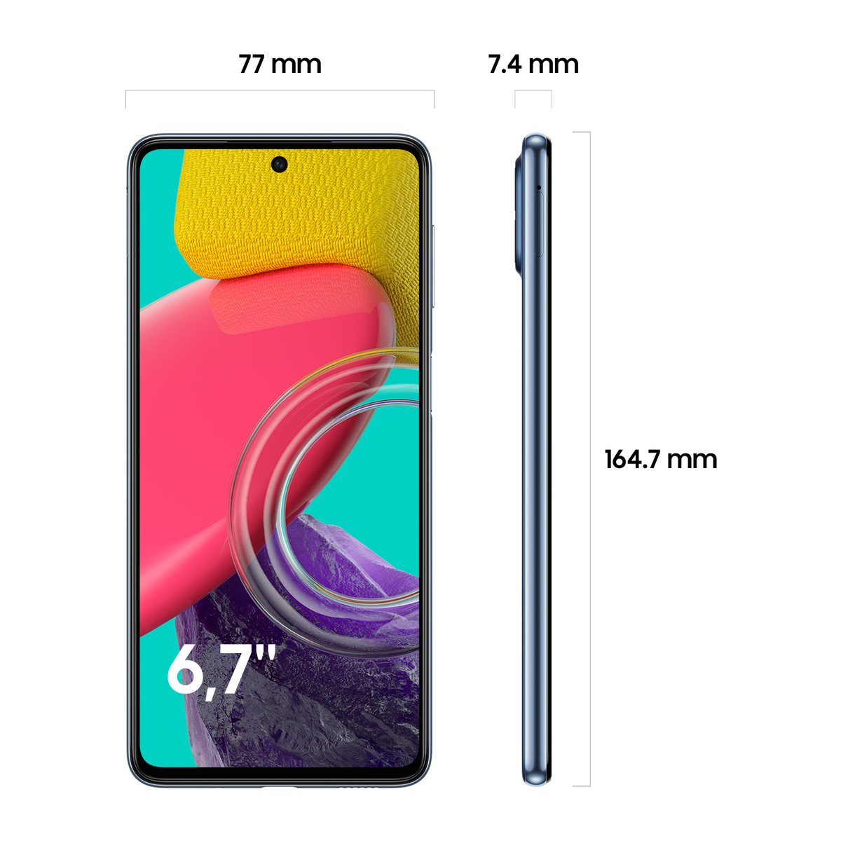 Smartfon z dużym wyświetlaczem i oznaczonymi wymiarami. Telefon jest niebieski, a wymiary pokazane.
