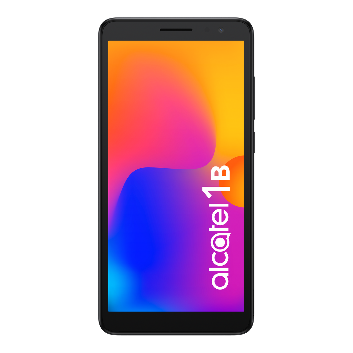 Czarny smartfon z kolorowym ekranem. Biały tekst: Alcatel 1B. Czarne tło.